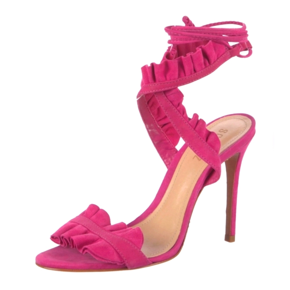 🎀Clearance🎀 Schutz PINK Suede Ruffle Embellishment Sandals Heels 4" Heels - Picture 2 of 6